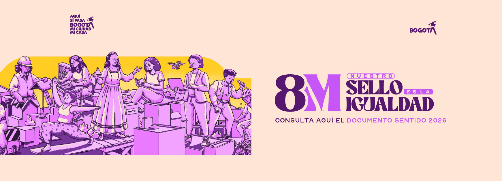 Ilustración de ciudadanía diversa en Bogotá invitando a consultar el documento sentido 2026 nuestro sello es la igualdad