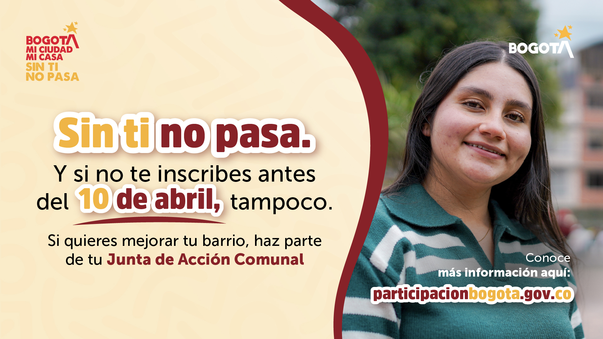 Ciudadana invitando a inscribirse antes del 10 de abril para participar en las Elecciones Comunales en Bogotá