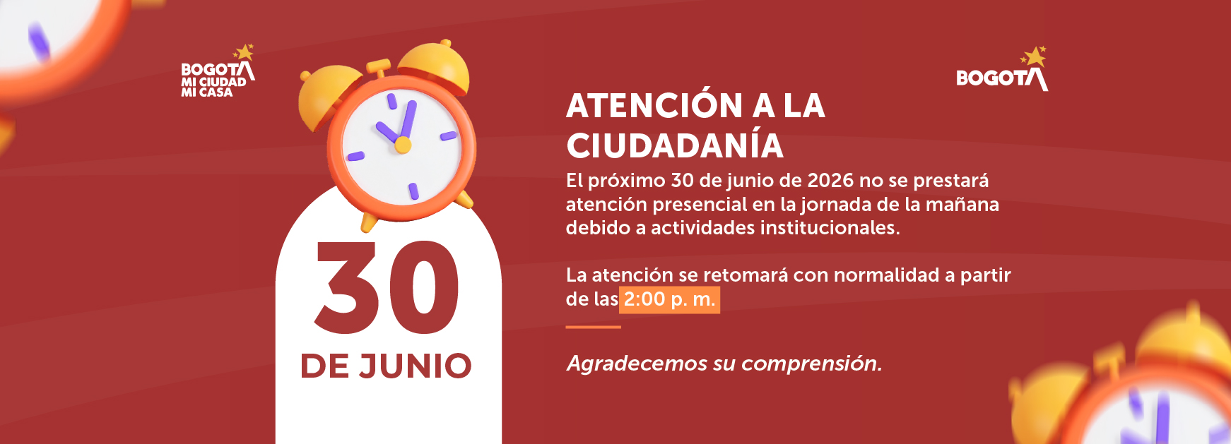 El 30 de junio de 2026 no se prestará atención presencial durante la mañana en el IDPAC debido a actividades institucionales. La atención se retomará a partir de las 2:00 p. m. en Bogotá.