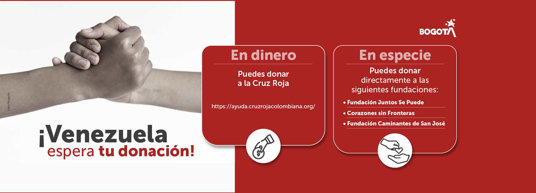 ano de una persona sosteniendo la mano de otra como símbolo de solidaridad y apoyo, promoviendo donaciones a Venezuela desde Bogotá.