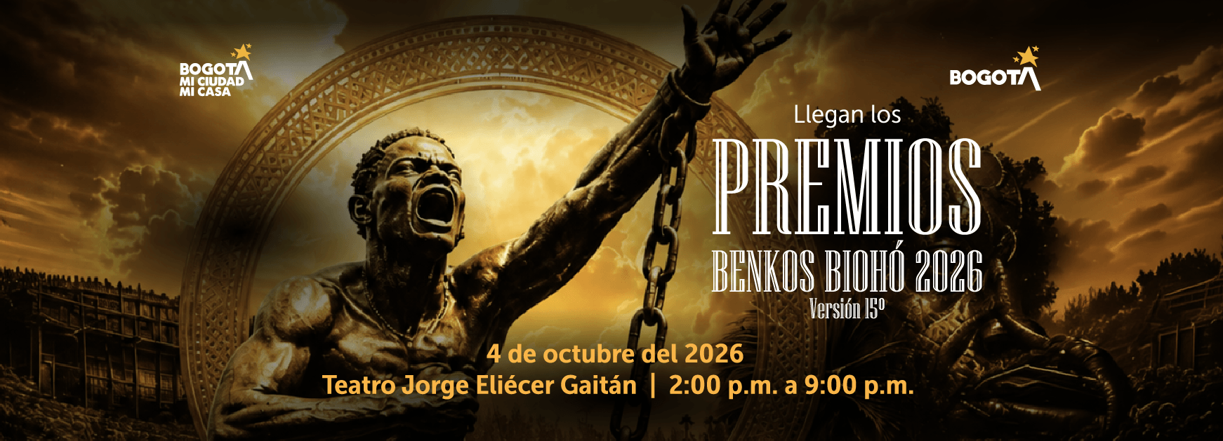 Banner principal de los Premios Benkos Biohó 2026, versión 15, el 4 de octubre de 2:00 p.m. a 9:00 p.m. en el Teatro Jorge Eliécer Gaitán, Bogotá.