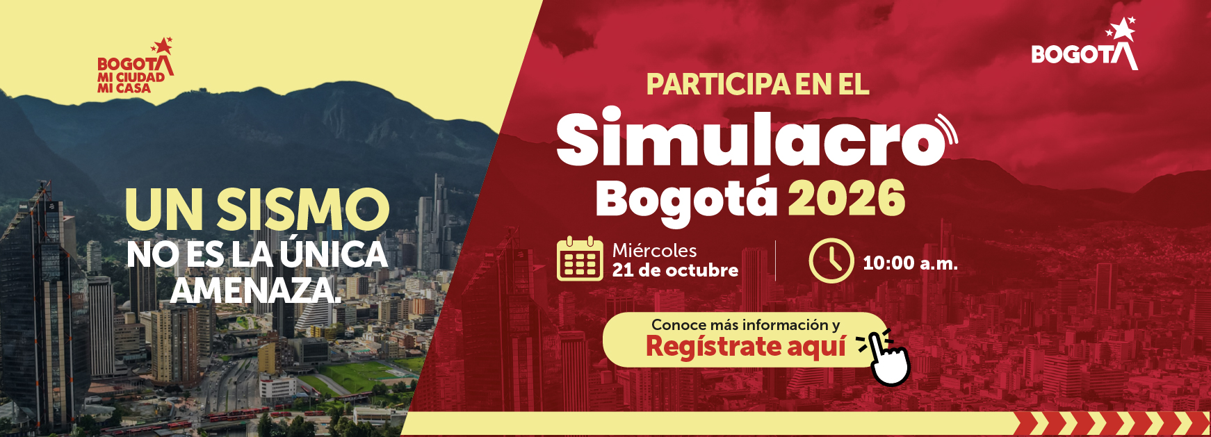 Simulacro Bogotá 2026, miércoles 21 de octubre a las 10:00 a. m.: un sismo no es la única amenaza. Regístrate aquí.
