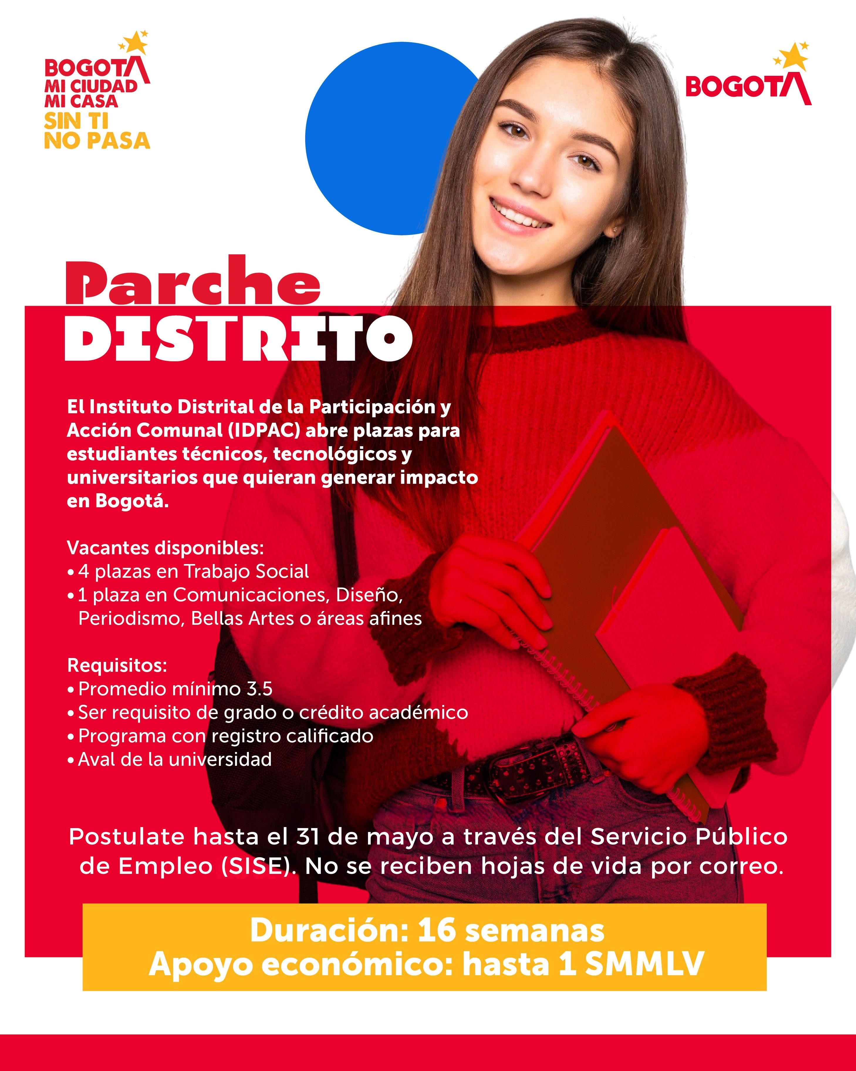 Postúlate a Parche Distrito y realiza tu práctica en el IDPAC. La convocatoria está dirigida a estudiantes técnicos, tecnológicos y universitarios que quieran aportar a la participación ciudadana en Bogotá.