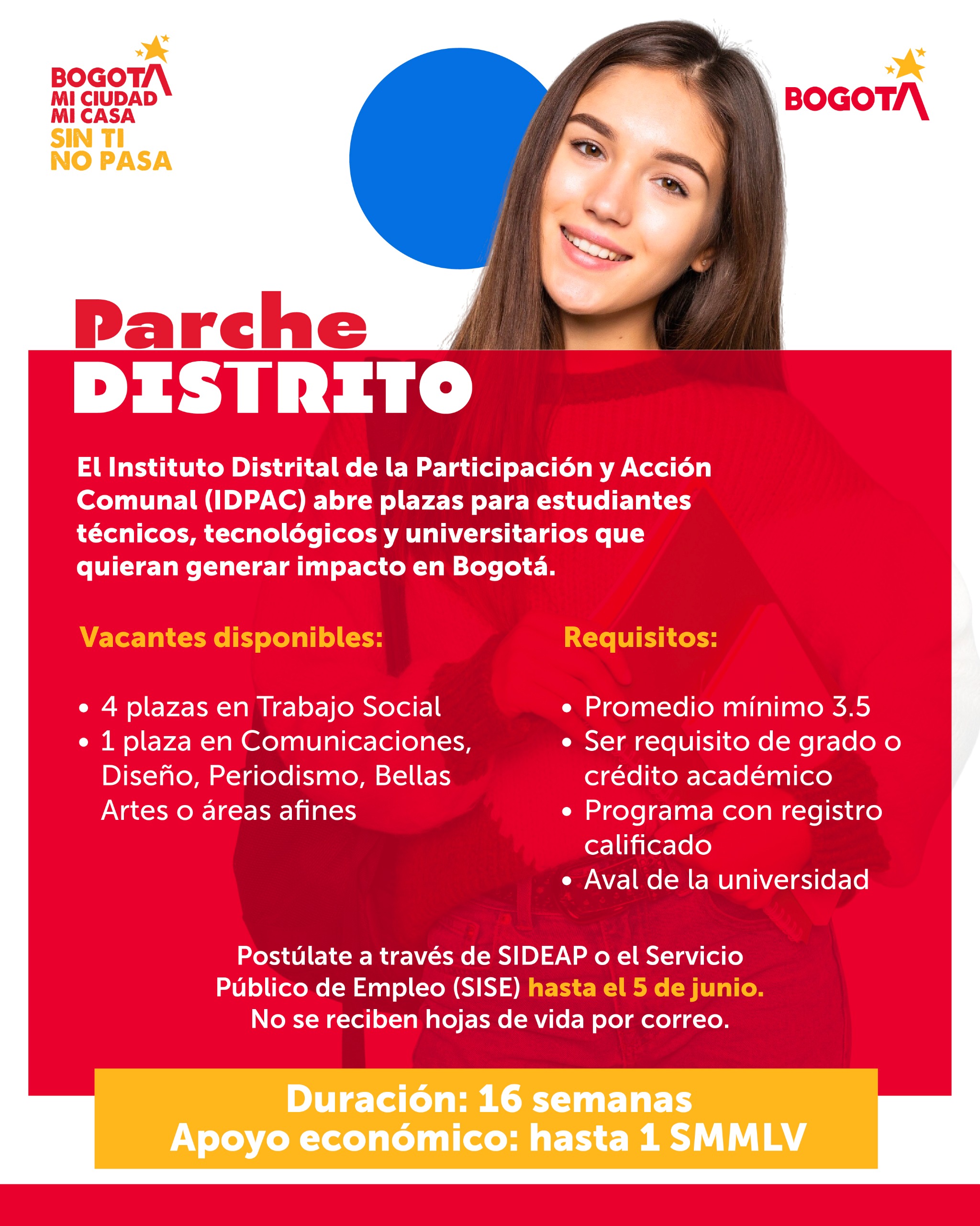Postúlate a Parche Distrito y realiza tu práctica en el IDPAC. La convocatoria está dirigida a estudiantes técnicos, tecnológicos y universitarios que quieran aportar a la participación ciudadana en Bogotá.