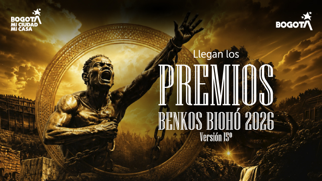 Pieza promocional de los Premios Benkos Biohó 2026, 15ª versión, con la escultura de Benkos Biohó y los logotipos de Bogotá.