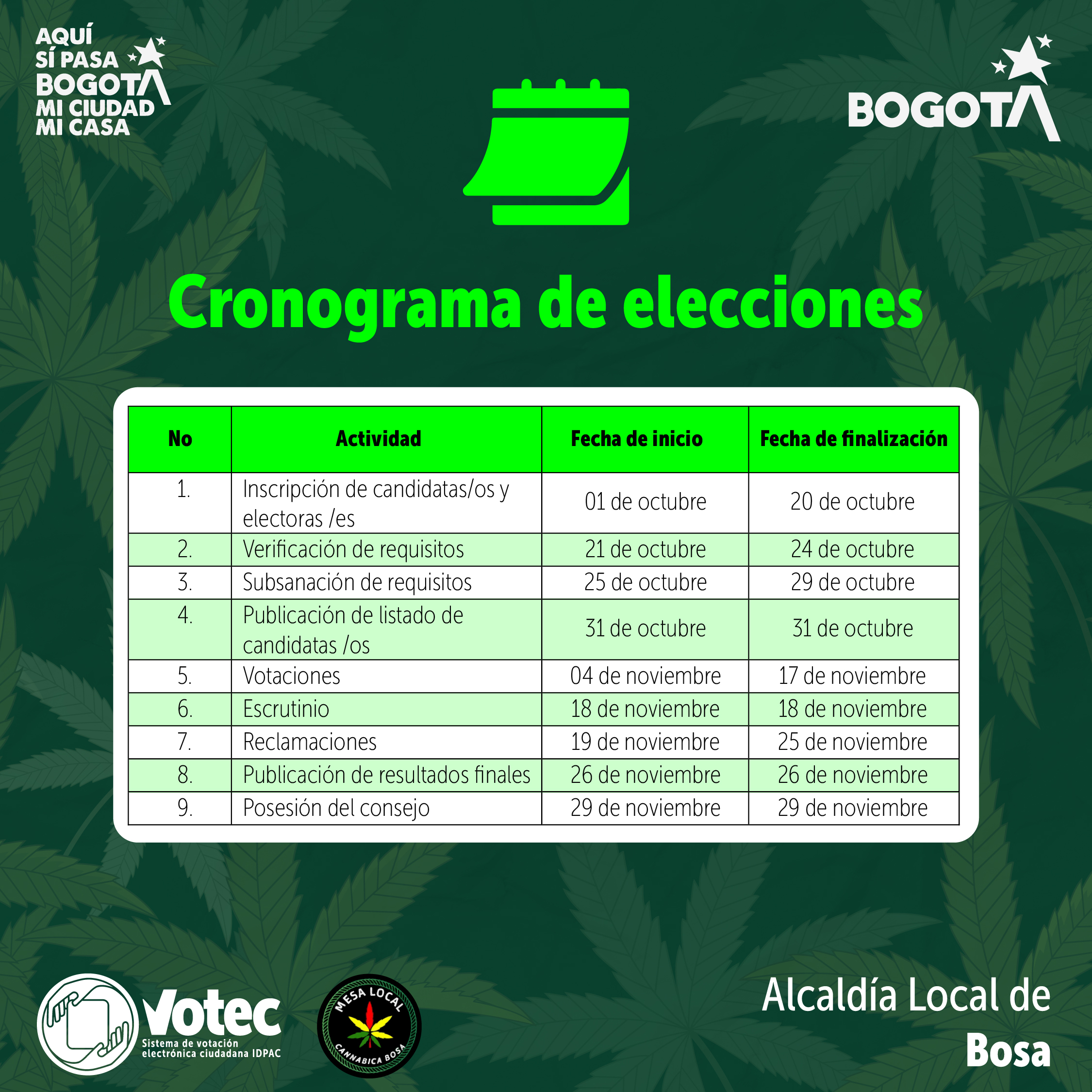Cronograma de elecciones de la Mesa Local Cannábica de Bosa, con fechas clave desde el 1 de octubre hasta el 29 de noviembre de 2025. Incluye actividades como inscripciones, verificación, votaciones y posesión. Fondo con hojas de cannabis y logos de Votec, IDPAC y Alcaldía Local de Bosa.