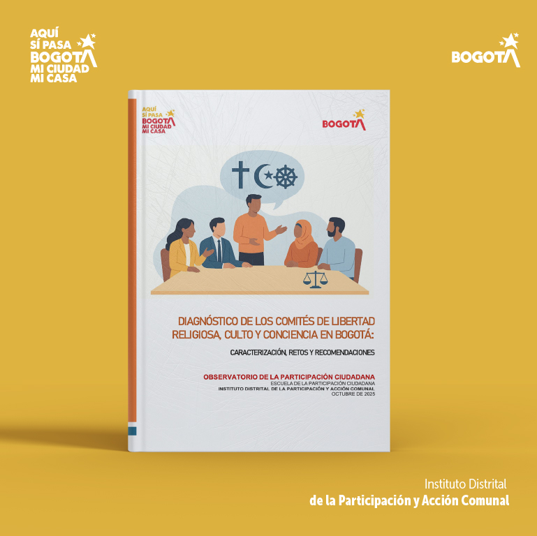 Portada del documento “Diagnóstico de los Comités de Libertad Religiosa, Culto y Conciencia en Bogotá”, con ilustración de cinco personas dialogando sobre diversidad religiosa y símbolos de distintas creencias, en una pieza institucional del IDPAC.