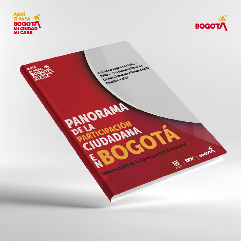 Portada del informe “Panorama de la Participación Ciudadana en Bogotá”, elaborado por el Observatorio de la Participación Ciudadana del IDPAC, sobre fondo blanco con logos de Bogotá y el programa “Aquí sí pasa”.