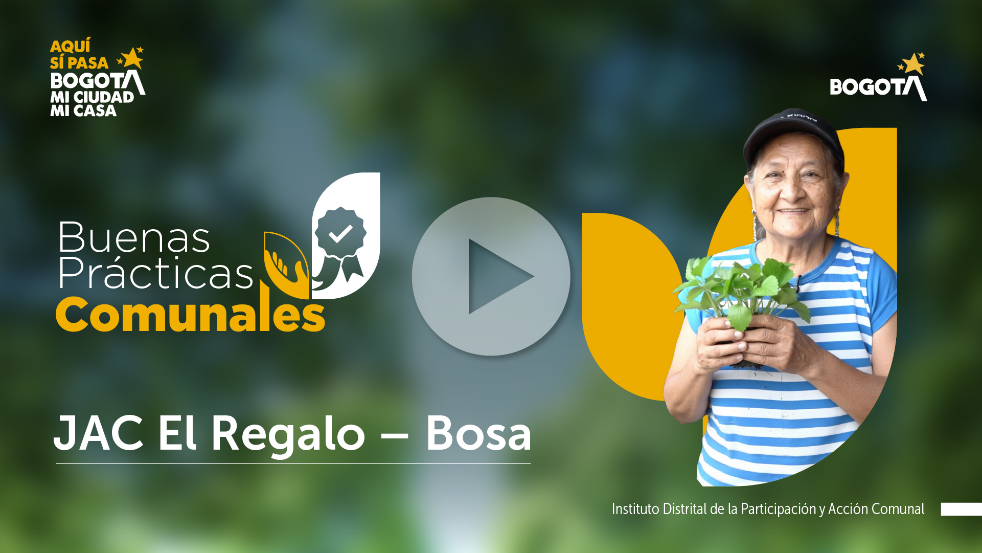 Portada de video sobre buenas prácticas comunales del IDPAC. Se observa a una mujer adulta mayor sonriendo mientras sostiene una planta, identificada como integrante de la JAC El Regalo en la localidad de Bosa. La imagen incluye los logos de Bogotá y el mensaje “Buenas Prácticas Comunales”.