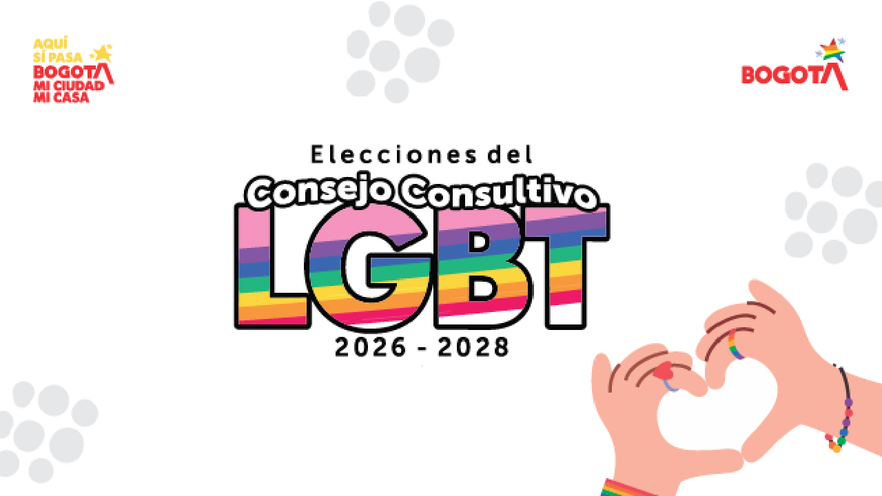 Banner de las elecciones del Consejo Consultivo LGBT 2026-2028 en Bogotá, con el logo del IDPAC y manos formando un corazón con pulseras de colores.