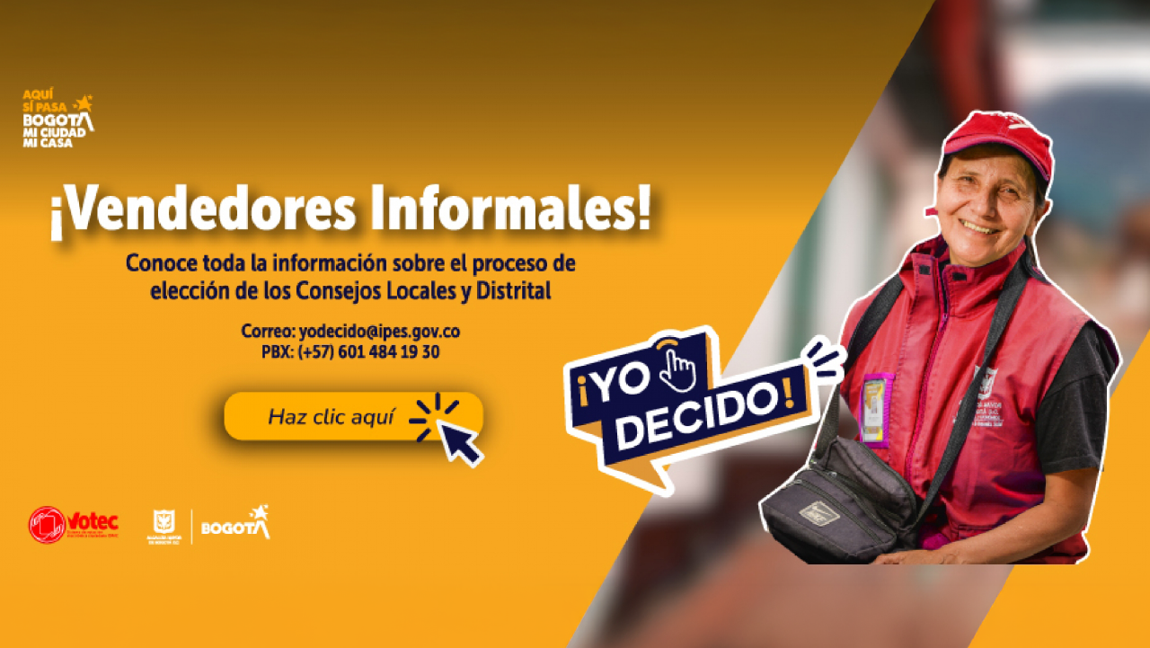 Vendedora informal sonríe mientras invita a conocer la información sobre el proceso de elección de los Consejos Locales y Distritales, acompañada de un mensaje institucional de Bogotá y un botón que indica “Haz clic aquí”.