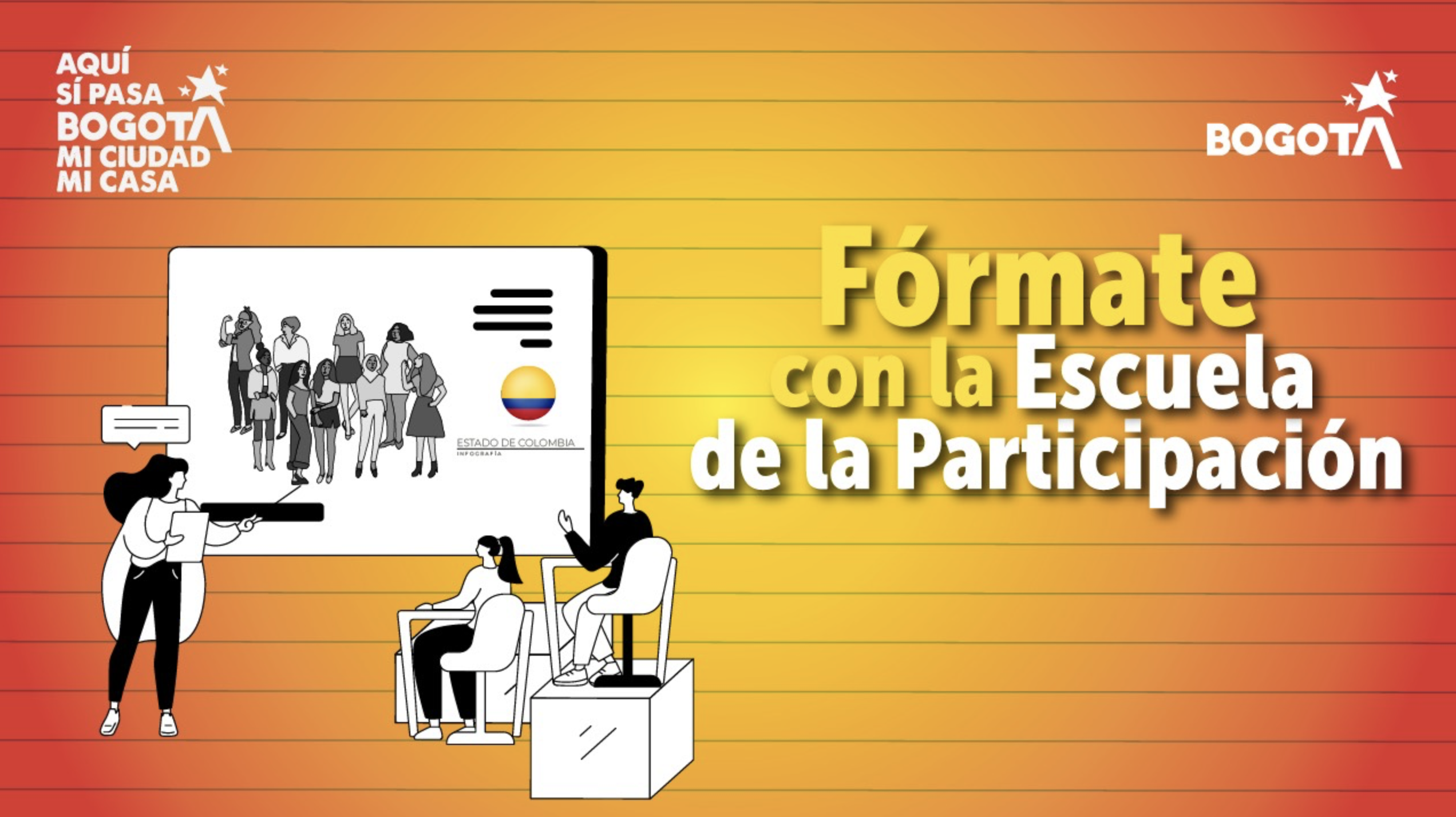 Ilustración de personas participando en un espacio de formación ciudadana de la Escuela de la Participación en Bogotá, promovida por el IDPAC.