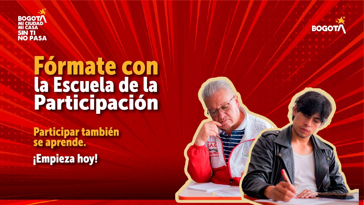 Pieza gráfica de la Escuela de la Participación del IDPAC en Bogotá. Muestra a un hombre mayor y a un joven estudiando, bajo el lema "Participar también se aprende". Promueve cursos de formación ciudadana.