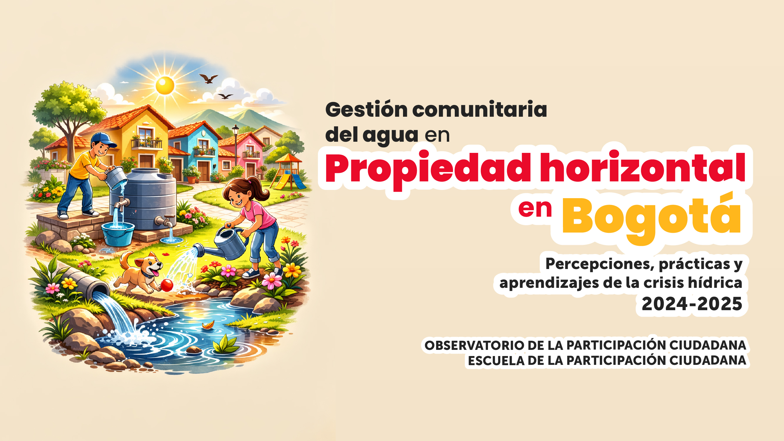 Ilustración de niños y adultos utilizando un sistema de almacenamiento y riego de agua en un conjunto residencial, mostrando prácticas de cuidado del recurso hídrico en Bogotá.