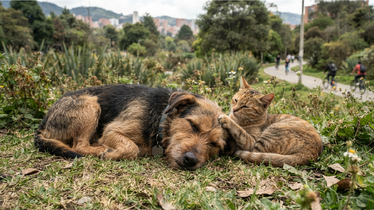 Perro y gato descansan juntos en una zona verde de Bogotá, imagen que acompaña la convocatoria a las elecciones del Consejo Local de Protección y Bienestar Animal de Teusaquillo.