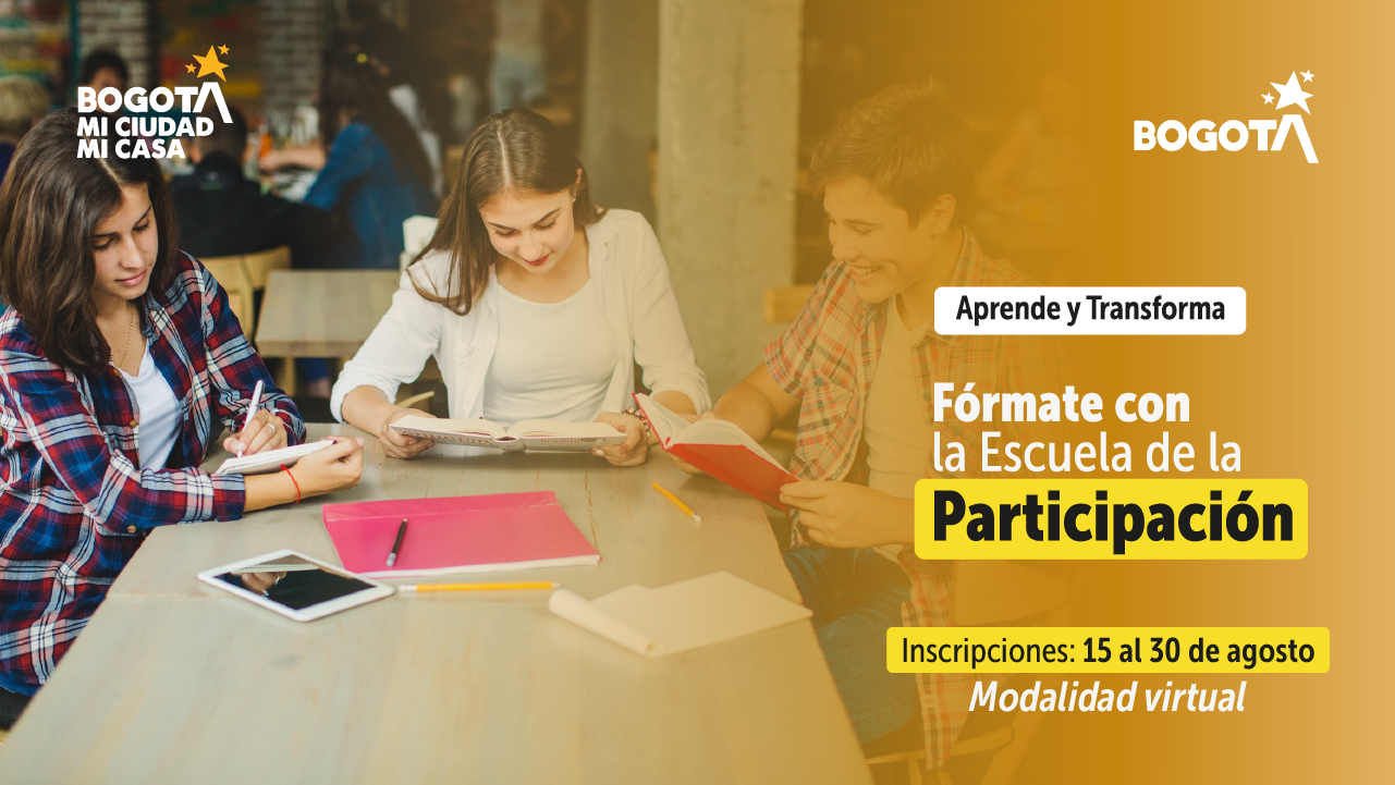 Jóvenes estudian juntos en una jornada de la Escuela de la Participación del IDPAC, campaña "Aprende y Transforma" con inscripciones del 15 al 30 de agosto en modalidad virtual