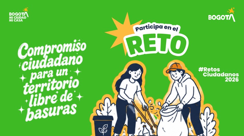 Ilustración de dos jóvenes recogiendo basura, pieza de la campaña #RetosCiudadanos2026 "Compromiso Ciudadano para un Territorio Libre de Basuras", de Bogotá Mi Ciudad Mi Casa.