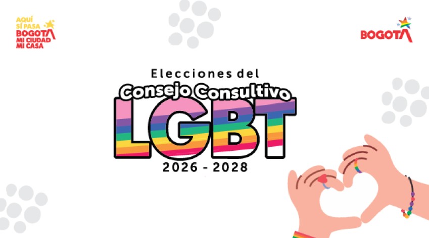 Banner de las elecciones del Consejo Consultivo LGBT 2026-2028 en Bogotá, con el logo del IDPAC y manos formando un corazón con pulseras de colores.