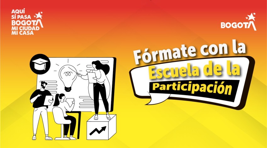 Banner institucional del IDPAC con el mensaje Fórmate con la Escuela de la Participación, acompañado de ilustraciones de personas aprendiendo y un fondo en tonos amarillo y rojo