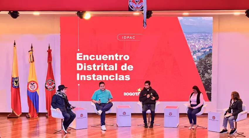 Panel del Encuentro Distrital de Instancias 2025 con representantes de varias localidades en el auditorio del IDPAC, durante el espacio de diálogo sobre participación ciudadana.