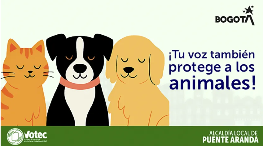 Ilustración de un gato y dos perros junto al mensaje institucional “Tu voz también protege a los animales”, promovido por VOTEC y la Alcaldía Local de Puente Aranda.