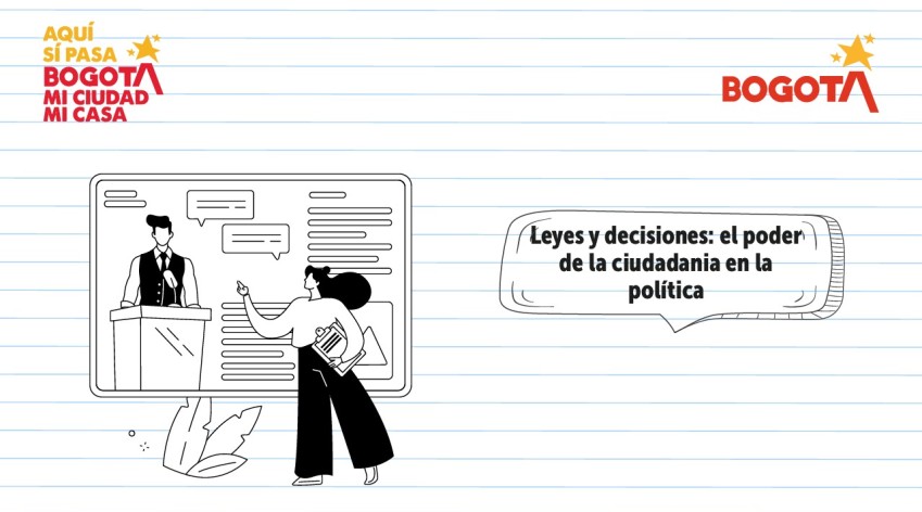 Ilustración institucional del IDPAC sobre participación ciudadana: una mujer señala una pantalla donde un funcionario habla desde un podio, representando la formación en derechos políticos y el poder de la ciudadanía en las decisiones públicas.