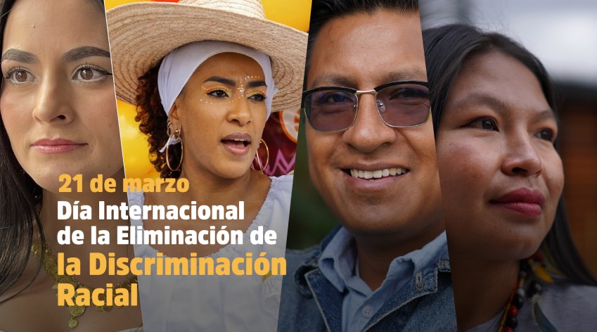 Personas de diferentes orígenes étnicos representando la diversidad en el Día Internacional de la Eliminación de la Discriminación Racial en Bogotá