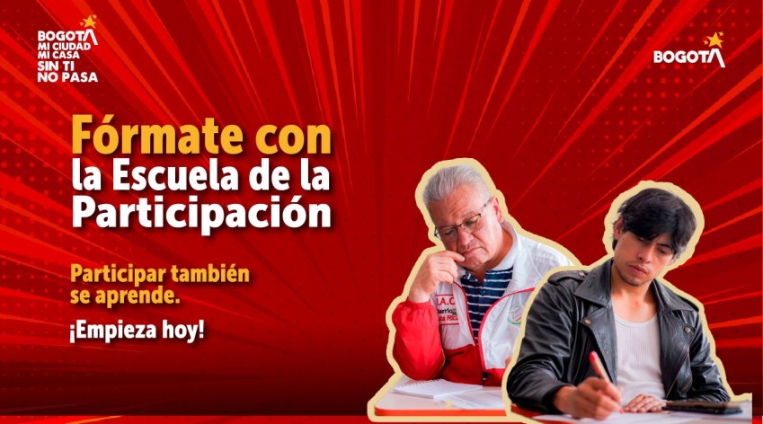 Pieza gráfica de la Escuela de la Participación del IDPAC en Bogotá. Muestra a un hombre mayor y a un joven estudiando, bajo el lema "Participar también se aprende". Promueve cursos de formación ciudadana.