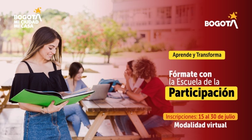 Pieza del IDPAC que invita a inscribirse en la Escuela de la Participación con formación virtual e inscripciones del 15 al 30 de julio.