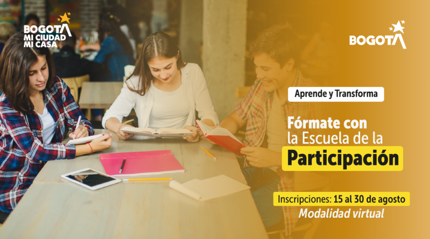 Jóvenes estudian juntos en una jornada de la Escuela de la Participación del IDPAC, campaña "Aprende y Transforma" con inscripciones del 15 al 30 de agosto en modalidad virtual