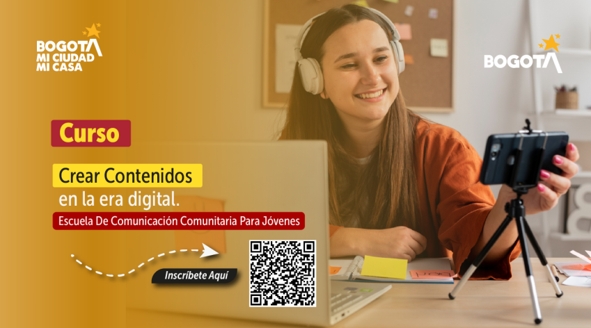Joven graba contenido con su celular durante el curso "Crear Contenidos en la Era Digital" de la Escuela de Comunicación Comunitaria del IDPAC para jóvenes, con código QR de inscripción.